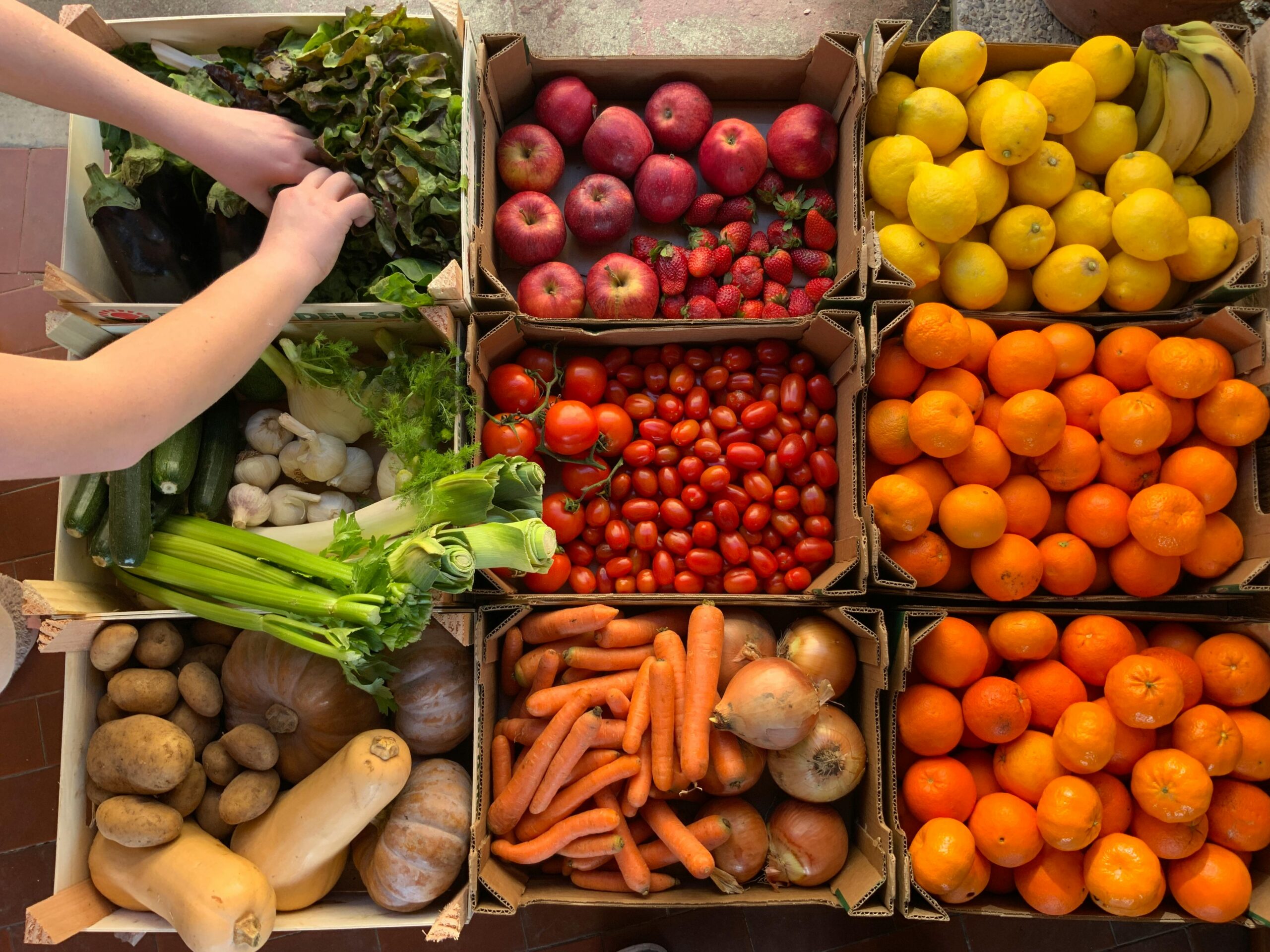 A variety of fresh fruits and vegetables in boxes, perfect for a healthy market scene.